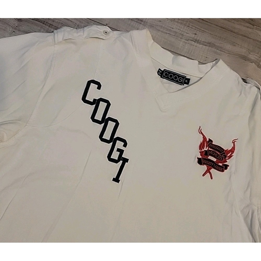 Vintage Coogi Shirt Adult XL White Spellout Logo Epaulette V-Neck Pullover